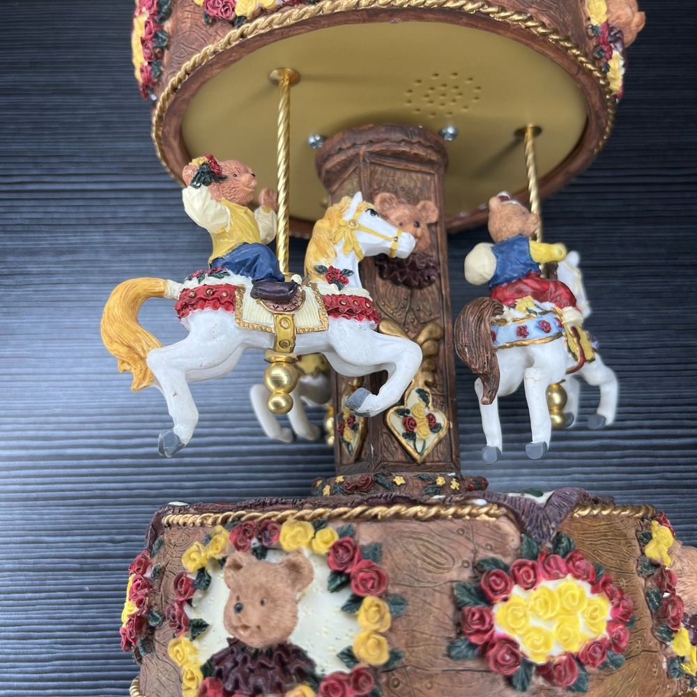 Musical Carousel Teddy Bear Horse Figurine Red Blue Floral Nursery Decor 10in - Picture 9 of 14